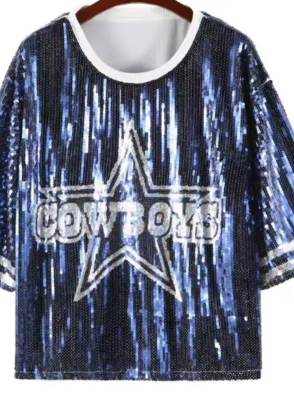 Blue Sequin Dallas Cowboys Ladies Cropped Jersey - Metallic Star Design